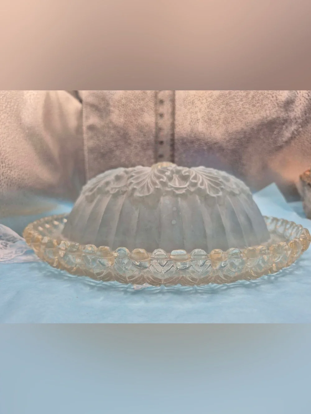 Antique 1930s Frosted Light Blue Glass Ceiling Light Shade Cover by Moe Bridges